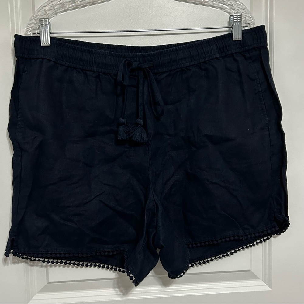Talbots Navy Blue Linen Shorts XL Pom Pom Hem Drawstring Pockets - Picture 2 of 9